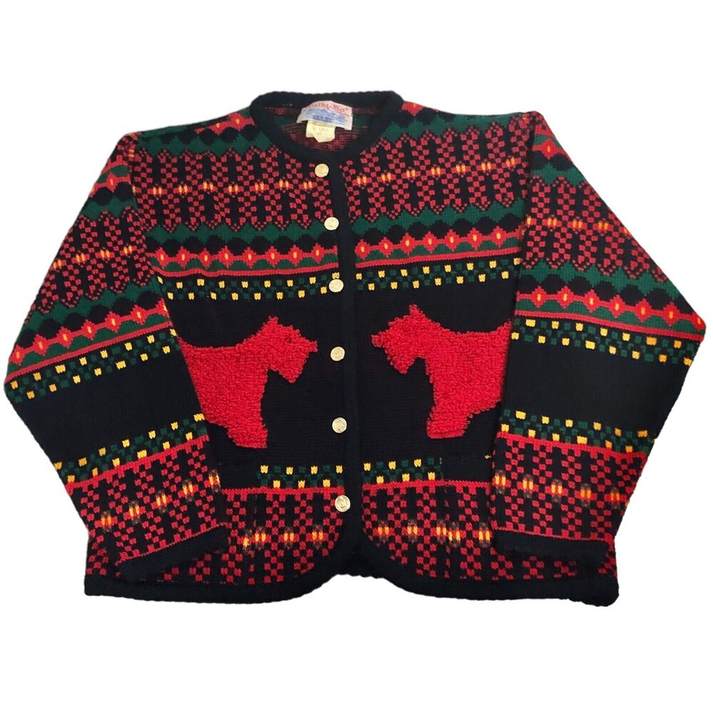 Tally Ho Vintage Scottie Sweater Black Red Boucle Terrier Dog Cardigan